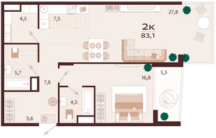 Планировка 2-комн. квартира, 83.1 м² ЖК «Роялта»