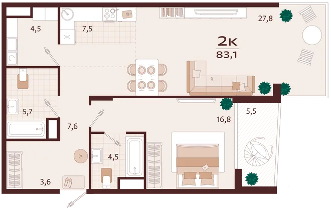 Планировка 2-комн. квартира, 83.1 м² ЖК «Роялта» Планировка 2-комн. квартира, 83.1 м² ЖК «Роялта»