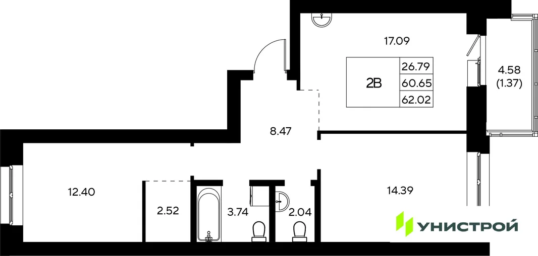 Планировка 2-комн. квартира, 62.02 м² ЖК «Царёво City»