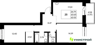 Планировка 2-комн. квартира, 62.02 м² ЖК «Царёво City»