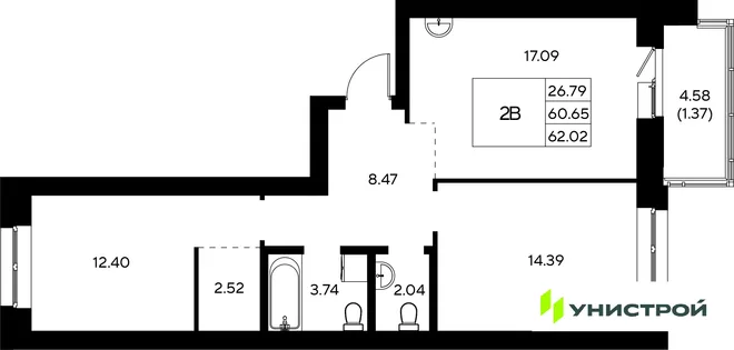 Планировка 2-комн. квартира, 62.02 м² ЖК «Царёво City»