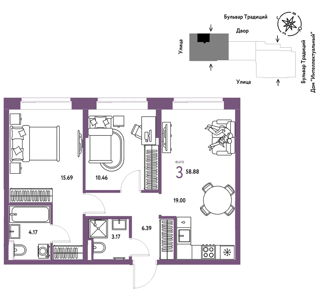 Планировка 3-комн. квартира, 58.88 м² ЖК «Микрорайон Домашний»