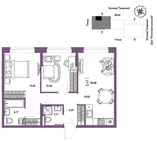 Планировка 3-комн. квартира, 58.88 м² ЖК «Микрорайон Домашний»