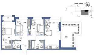 Планировка 4-комн. квартира, 89.1 м² ЖК «Микрорайон Домашний»
