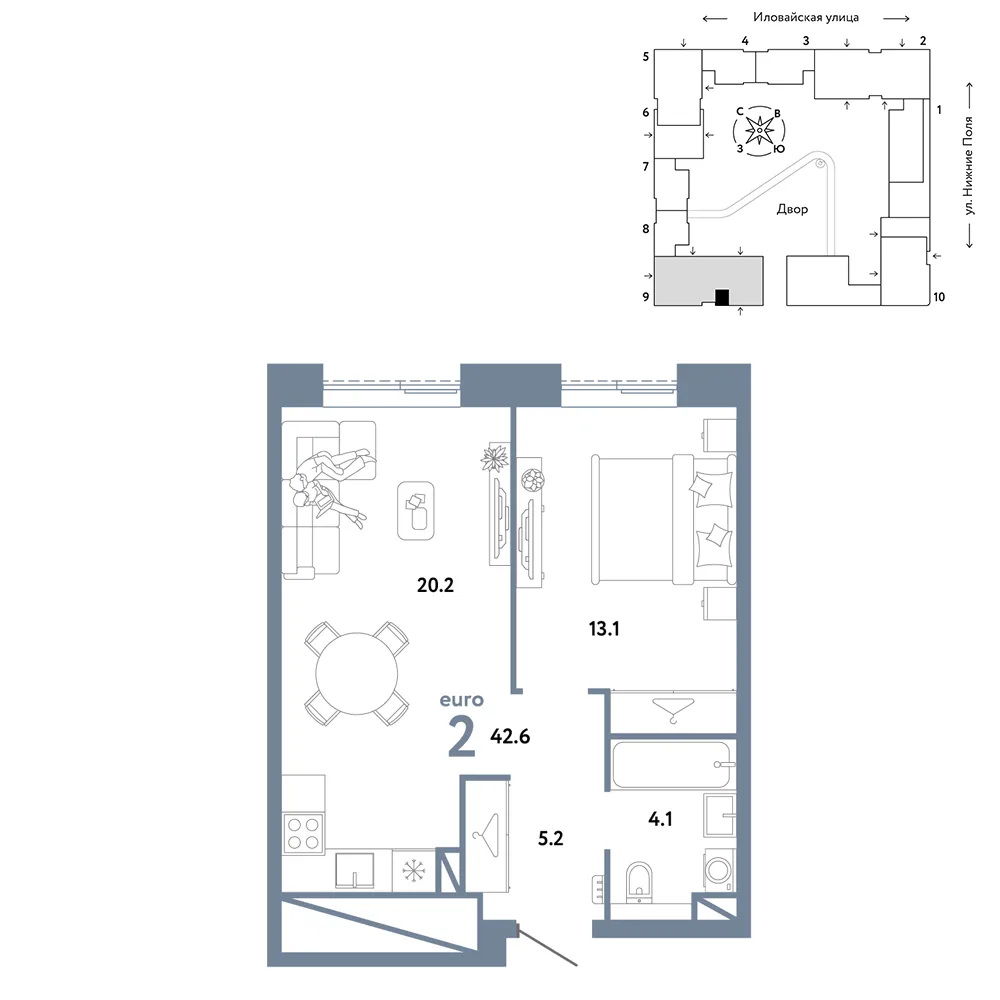 Планировка 2-комн. квартира, 42.6 м² ЖК «Страна.Заречная»