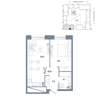 Планировка 2-комн. квартира, 42.6 м² ЖК «Страна.Заречная»