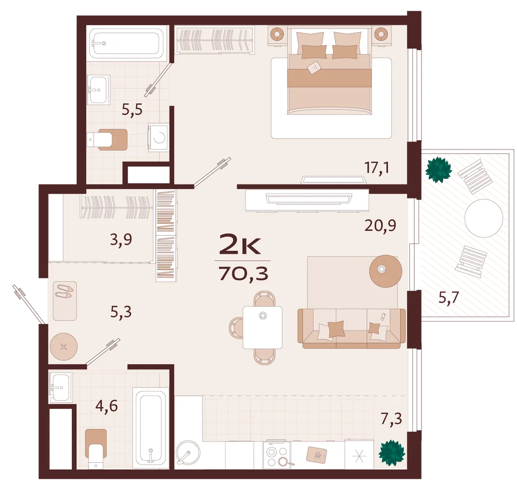 Планировка 2-комн. квартира, 70.3 м² ЖК «Роялта»
