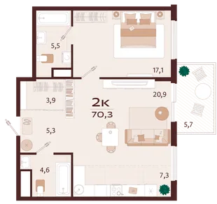 Планировка 2-комн. квартира, 70.3 м² ЖК «Роялта»