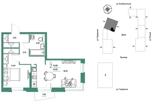 Планировка 2-комн. квартира, 45.8 м² ЖК «Уральский сад»