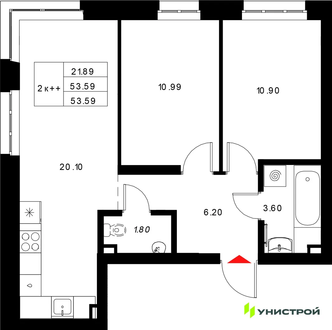 Планировка 2-комн. квартира, 53.59 м² ЖК «Уникод на Технической»