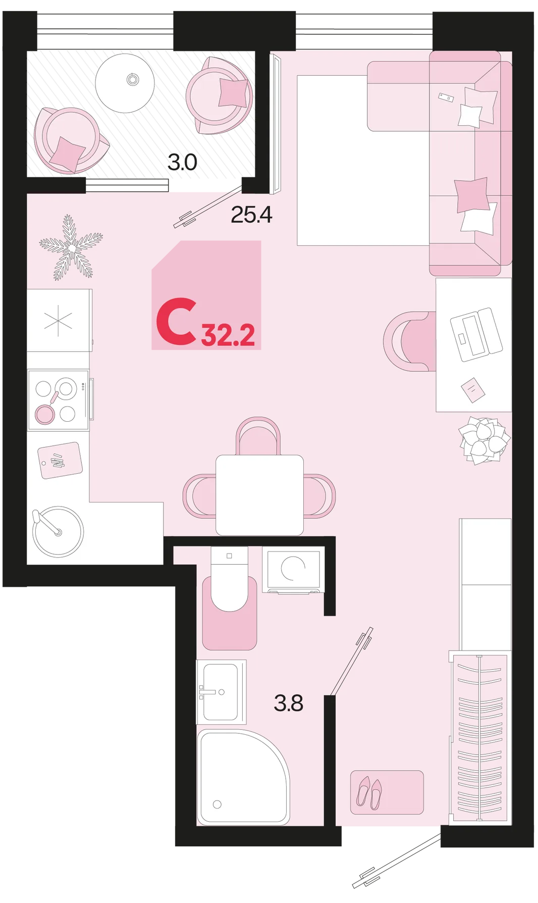 Планировка Студия, 32.2 м² ЖК «Первое место»
