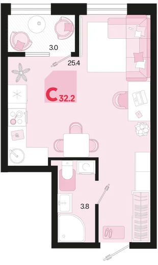 Планировка Студия, 32.2 м² ЖК «Первое место»