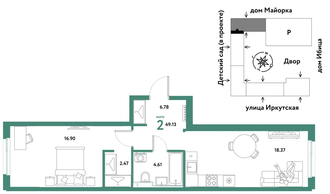 Планировка 2-комн. квартира, 49.13 м² ЖК «Остров-сад»