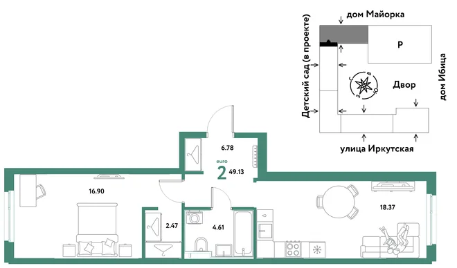 Планировка 2-комн. квартира, 49.13 м² ЖК «Остров-сад» Планировка 2-комн. квартира, 49.13 м² ЖК «Остров-сад»