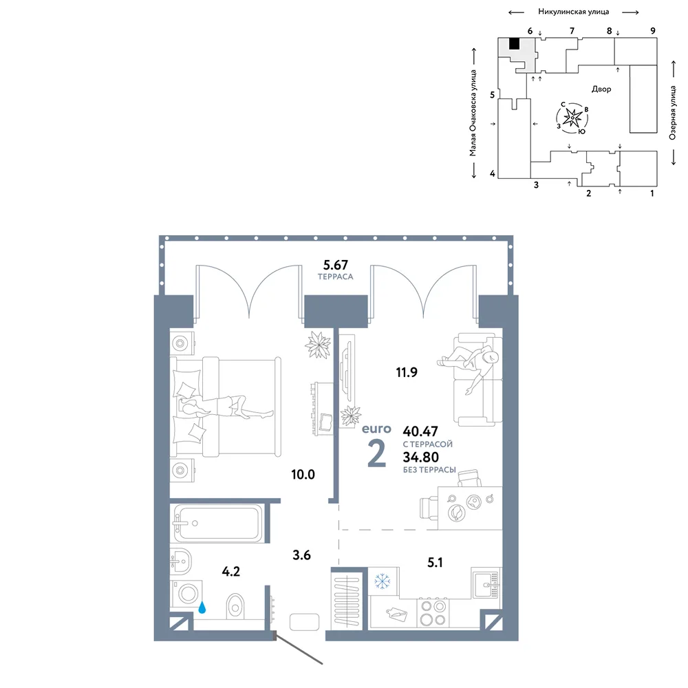 Планировка 2-комн. квартира, 40.47 м² ЖК «Страна.Озёрная»