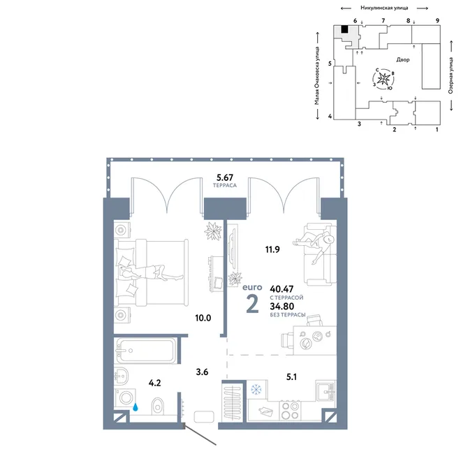Планировка 2-комн. квартира, 40.47 м² ЖК «Страна.Озёрная» Планировка 2-комн. квартира, 40.47 м² ЖК «Страна.Озёрная»