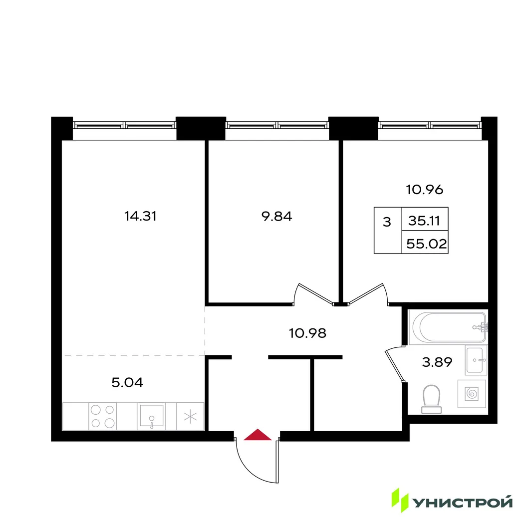Планировка 3-комн. квартира, 55.02 м² ЖК «Уникум на Энгельса»