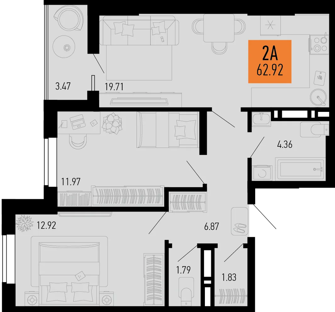 Планировка 2-комн. квартира, 62.92 м² ЖК «Столицыно»