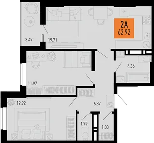 Планировка 2-комн. квартира, 62.92 м² ЖК «Столицыно»