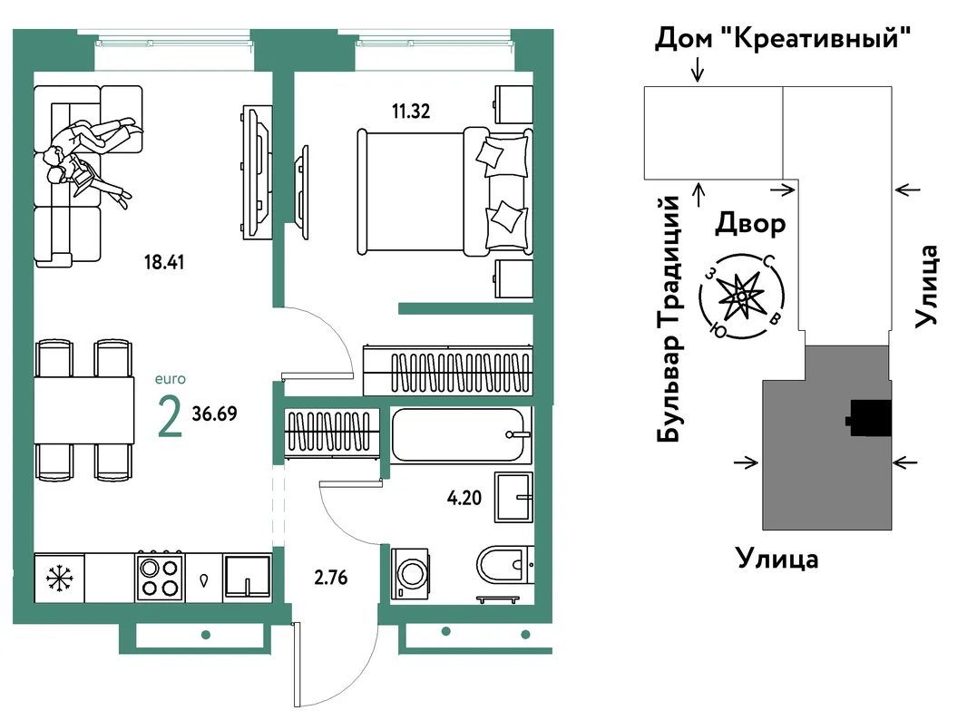 Планировка 2-комн. квартира, 36.69 м² ЖК «Микрорайон Домашний»