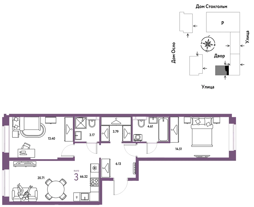 Планировка 3-комн. квартира, 66.32 м² ЖК «Европейский берег 2.0»