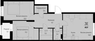 Планировка 3-комн. квартира, 65.9 м² ЖК «Васильевский остров»