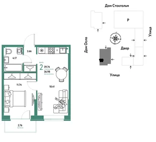 Планировка 2-комн. квартира, 39.74 м² ЖК «Европейский берег 2.0»