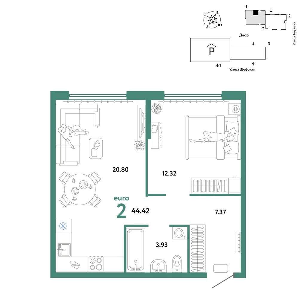 Планировка 2-комн. квартира, 44.42 м² ЖК «Страна.Энтузиастов»