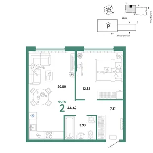 Планировка 2-комн. квартира, 44.42 м² ЖК «Страна.Энтузиастов»