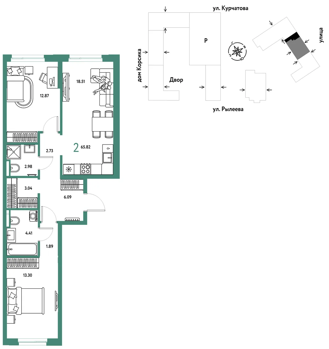 Планировка 2-комн. квартира, 66.26 м² ЖК «Остров-сад»