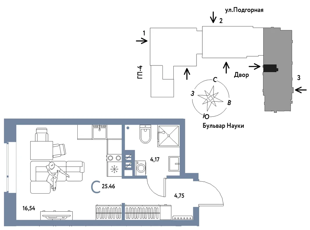 Планировка Студия, 25.46 м² ЖК «Авторский»