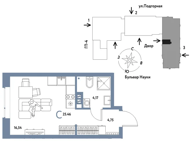 Планировка Студия, 25.46 м² ЖК «Авторский»