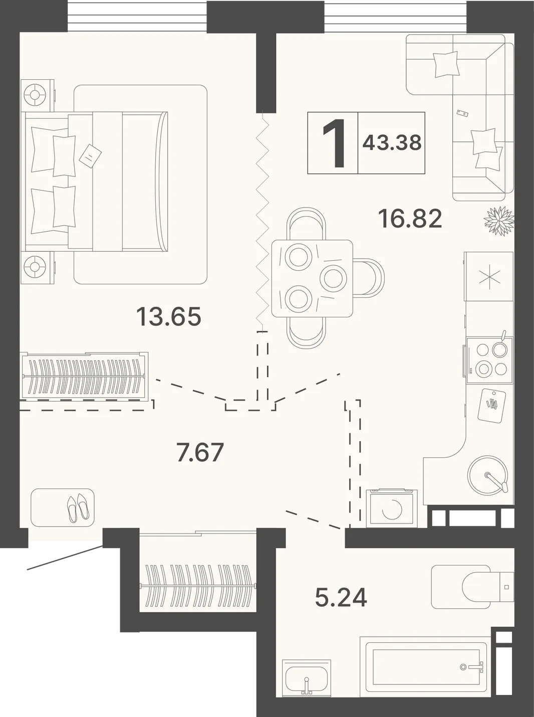 Планировка 1-комн. квартира, 43.38 м² ЖК «Светский лес»