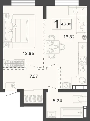 Планировка 1-комн. квартира, 43.38 м² ЖК «Светский лес»