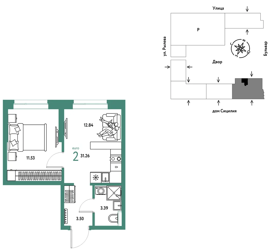 Планировка 2-комн. квартира, 31.26 м² ЖК «Остров-сад»