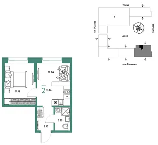 Планировка 2-комн. квартира, 31.26 м² ЖК «Остров-сад»