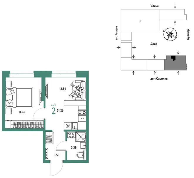Планировка 2-комн. квартира, 31.26 м² ЖК «Остров-сад» Планировка 2-комн. квартира, 31.26 м² ЖК «Остров-сад»