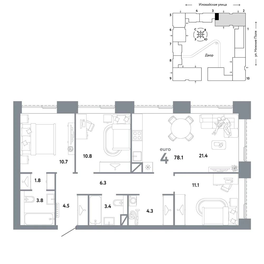 Планировка 4-комн. квартира, 78.1 м² ЖК «Страна.Заречная»