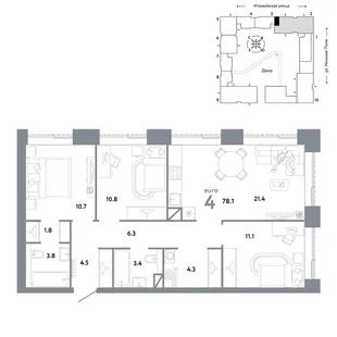 Планировка 4-комн. квартира, 78.1 м² ЖК «Страна.Заречная»