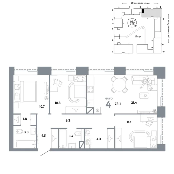 Планировка 4-комн. квартира, 78.1 м² ЖК «Страна.Заречная» Планировка 4-комн. квартира, 78.1 м² ЖК «Страна.Заречная»