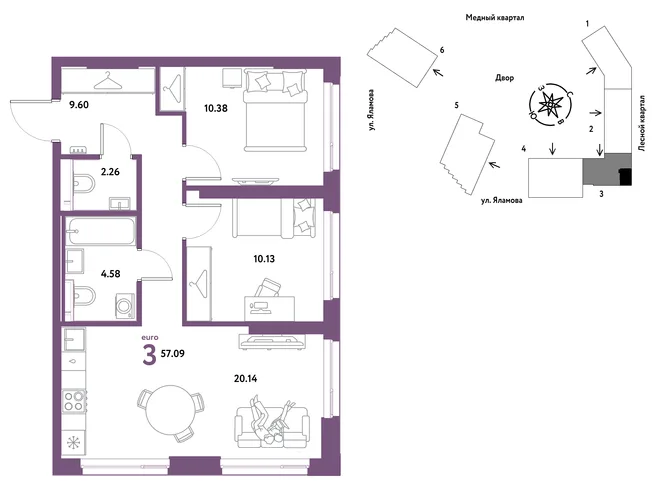 Планировка 3-комн. квартира, 57.09 м² ЖК «Сибирский сад» Планировка 3-комн. квартира, 57.09 м² ЖК «Сибирский сад»