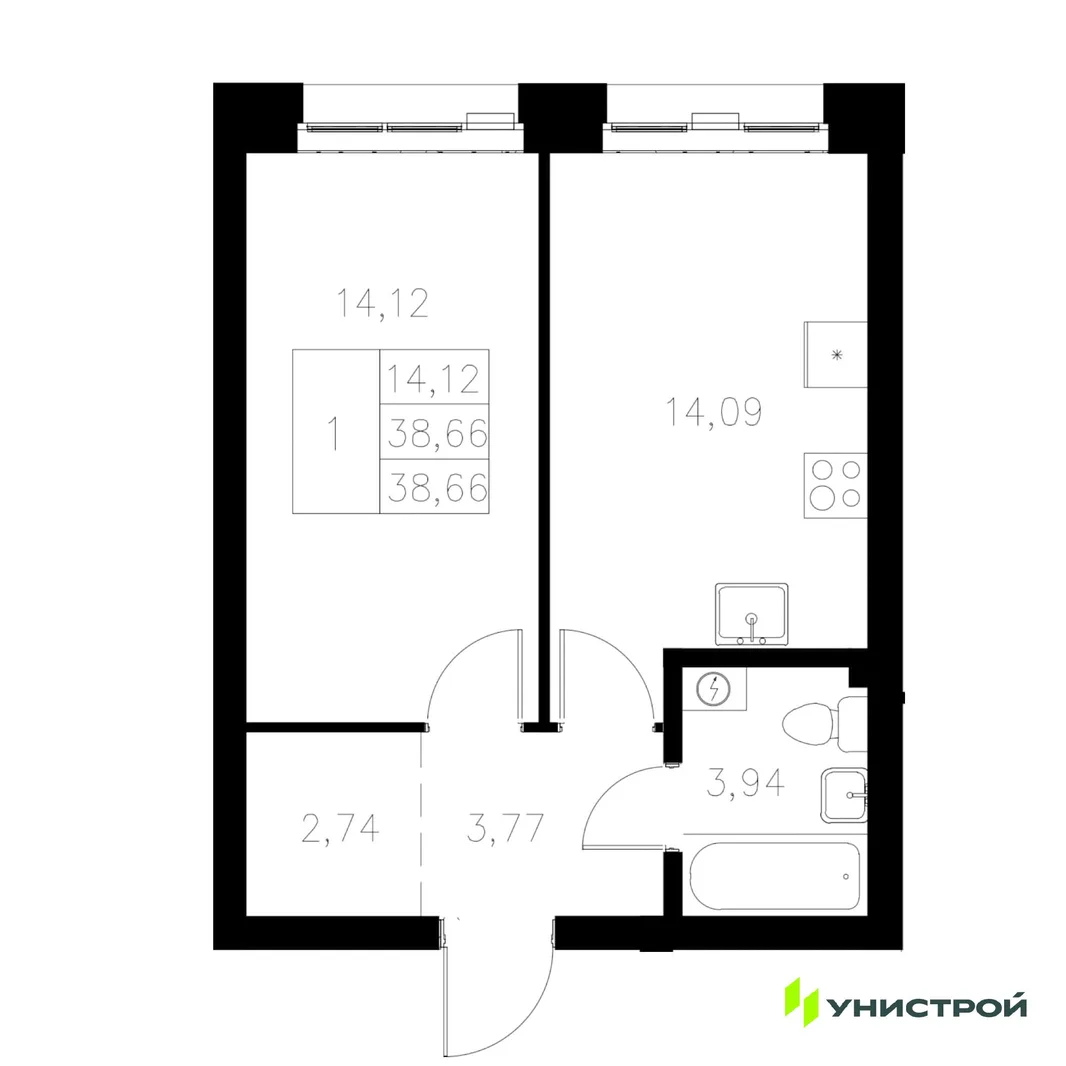 Планировка 1-комн. квартира, 38.66 м² ЖК «Statum»