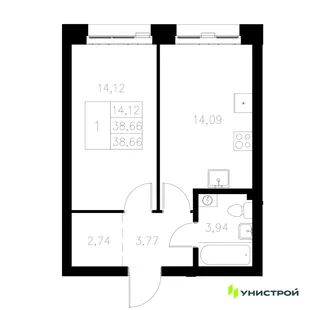 Планировка 1-комн. квартира, 38.66 м² ЖК «Statum»