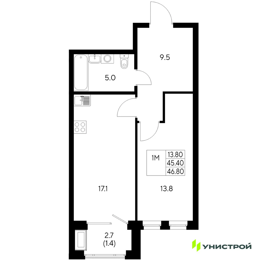 Планировка 1-комн. квартира, 46.8 м² ЖК «Стадиум»