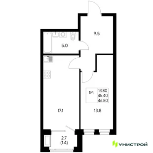 Планировка 1-комн. квартира, 46.8 м² ЖК «Стадиум»