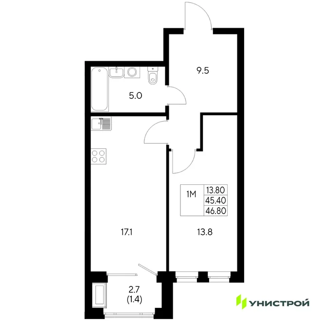 Планировка 1-комн. квартира, 46.8 м² ЖК «Стадиум» Планировка 1-комн. квартира, 46.8 м² ЖК «Стадиум»