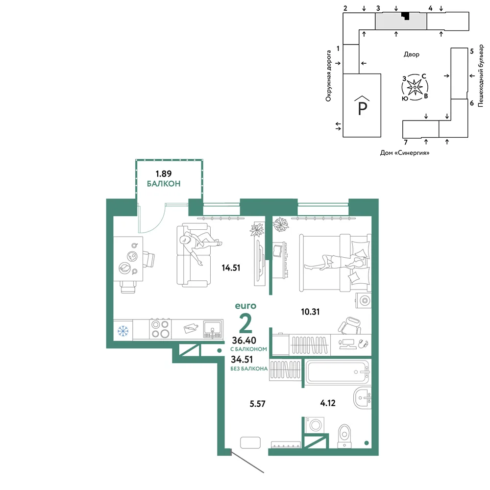 Планировка 2-комн. квартира, 36.4 м² ЖК «Юнион»