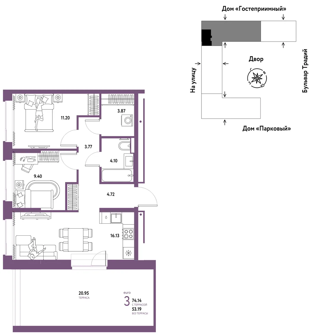 Планировка 3-комн. квартира, 74.14 м² ЖК «Микрорайон Домашний»