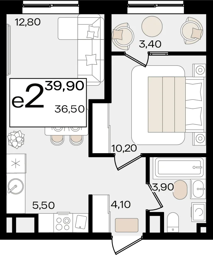 Планировка 2-комн. квартира, 39.9 м² ЖК «Патрики»