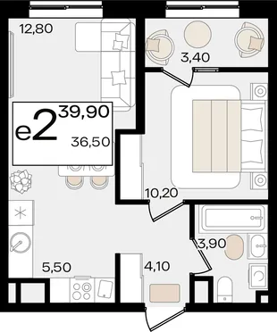 Планировка 2-комн. квартира, 39.9 м² ЖК «Патрики»